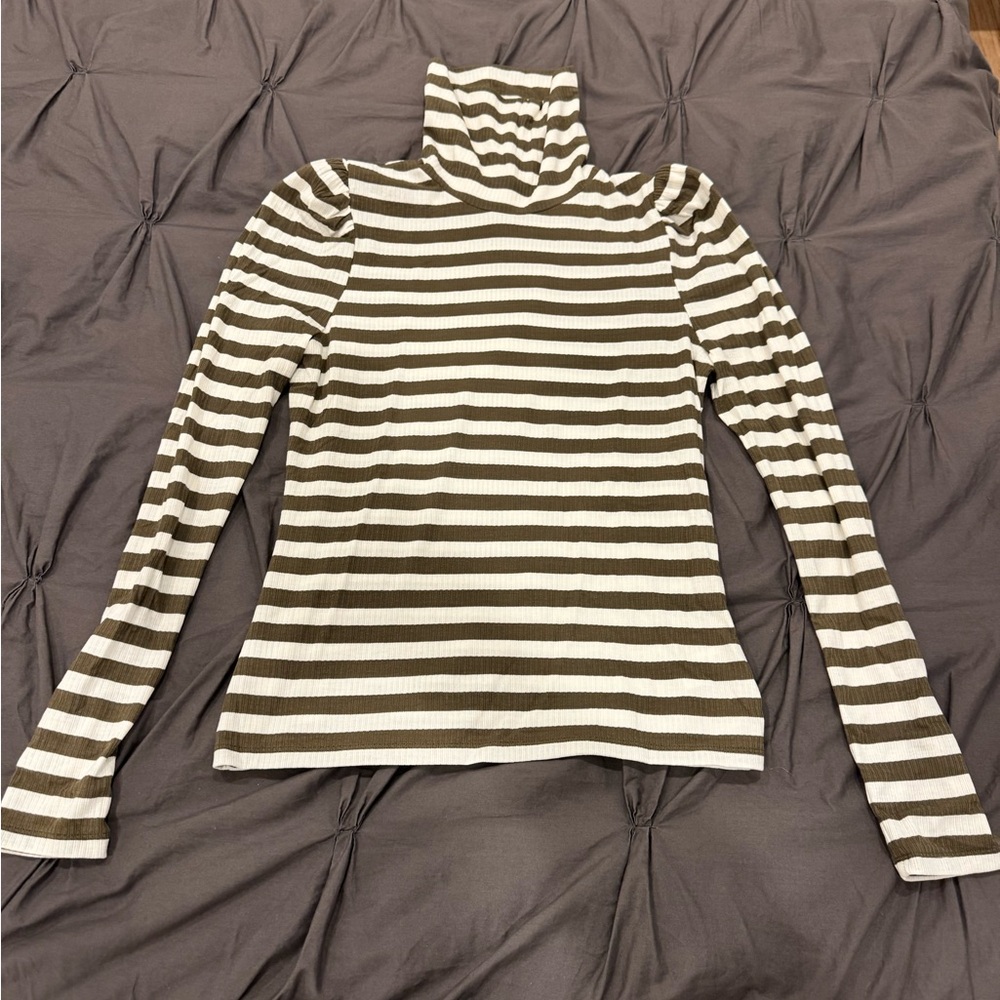 Striped Olive Green and White Ribbed Turtleneck